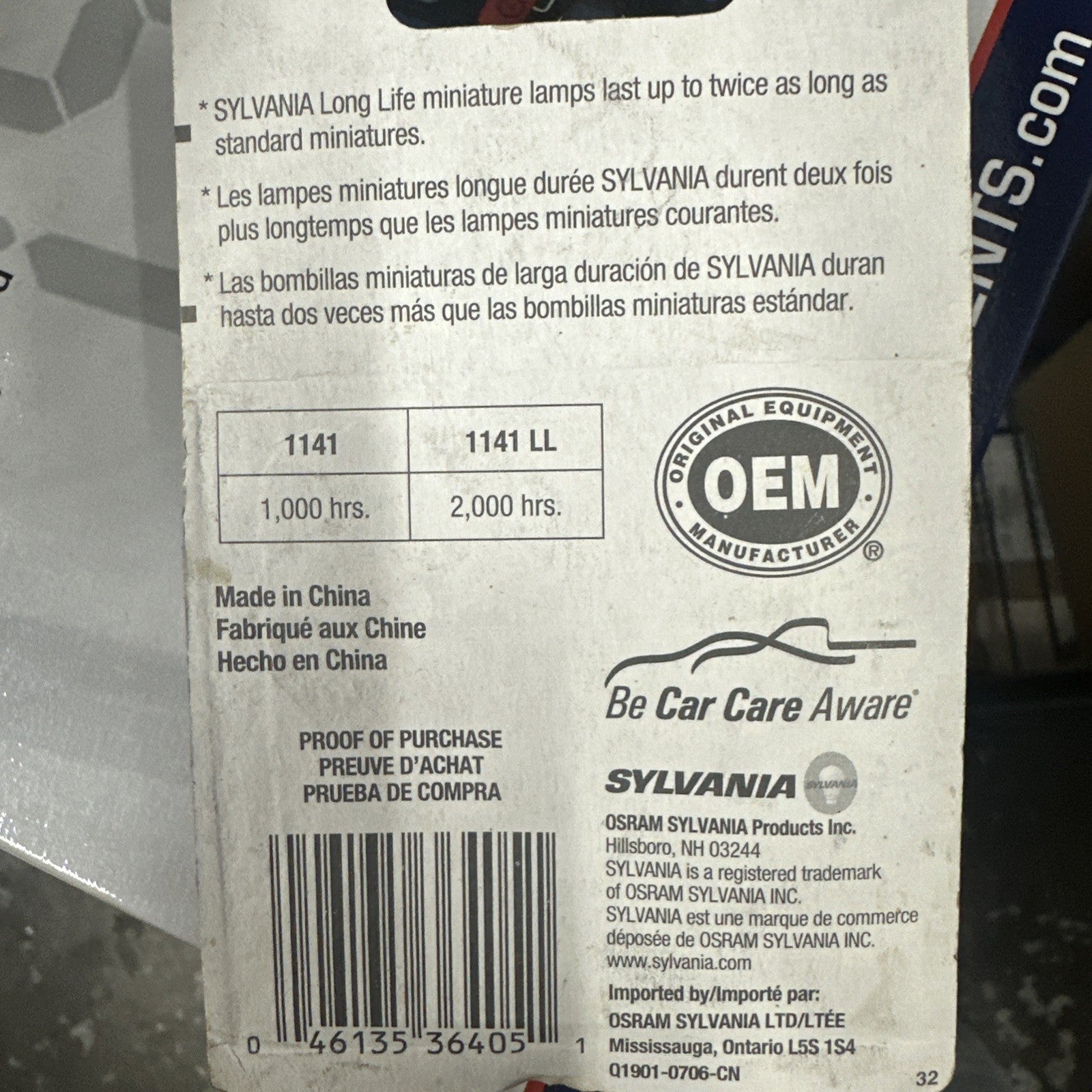 Sylvania 1141 Long Life Light Bulbs - Pack of 2 - P/N: 36405 Type 1141LL (8c)