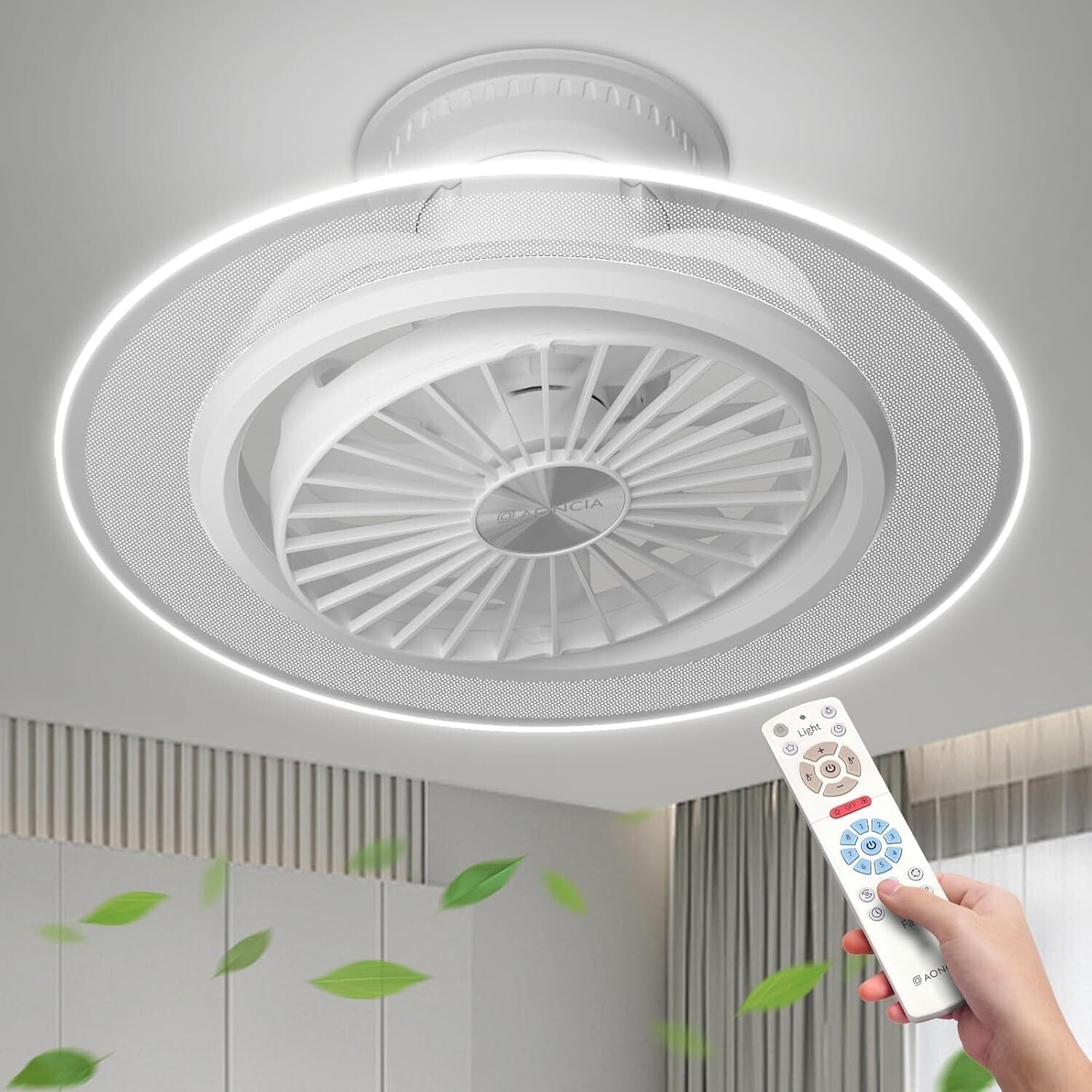 AONCIA 16" Ceiling Fan w/ Light & Remote, 8-Speed, Dimmable, Bladeless LED