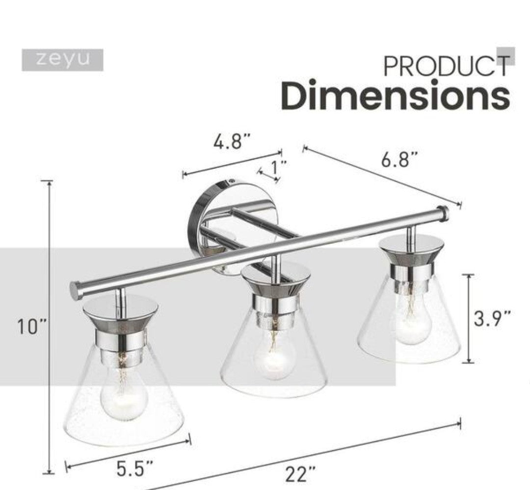 Zeyu 22 in. 3 Light Chrome Vanity Light with Seeded Glass Shade for Bathroom 18C
