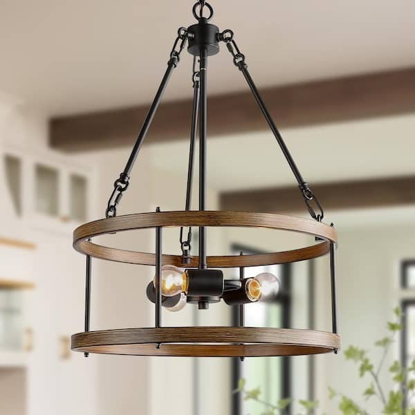 LNC Brown Drum Chandelier 3-Light Cage Black Pendant Farmhouse Chandelier 19A