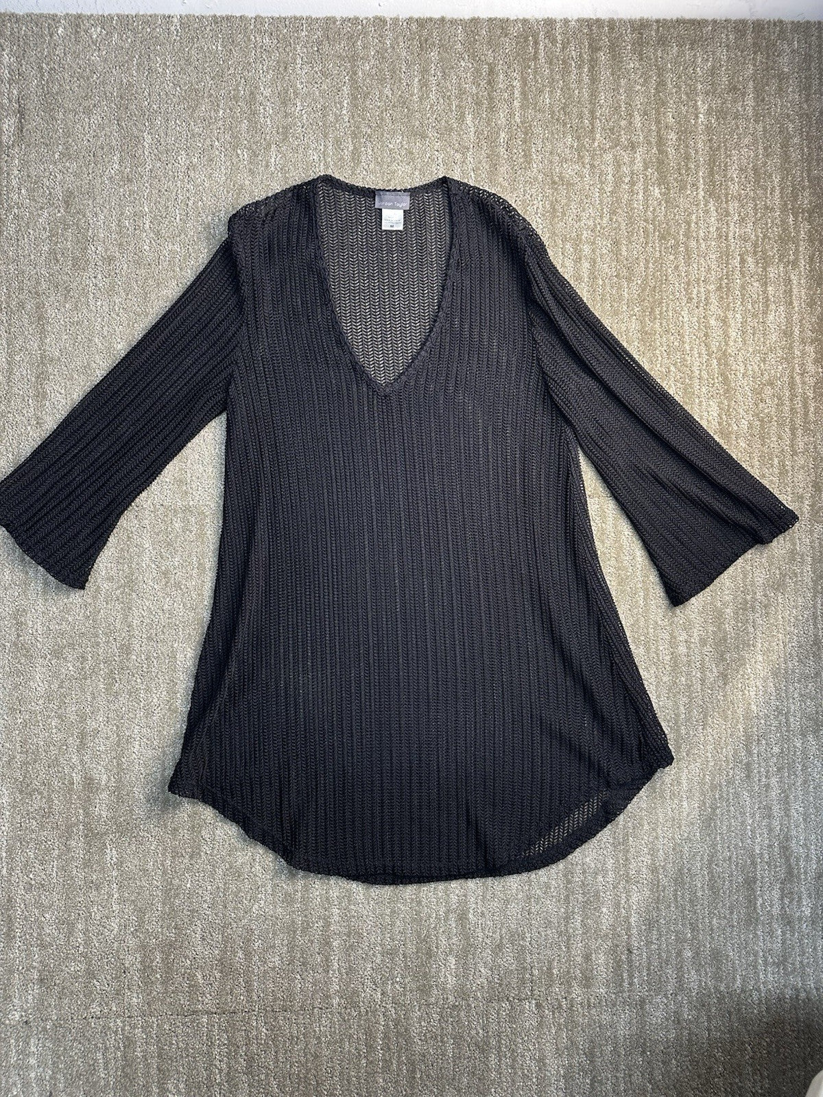 Jordan Taylor Sheer Black Mesh Swimsuit Cover Up V-Neck 3/4 Sleeve Size Medium