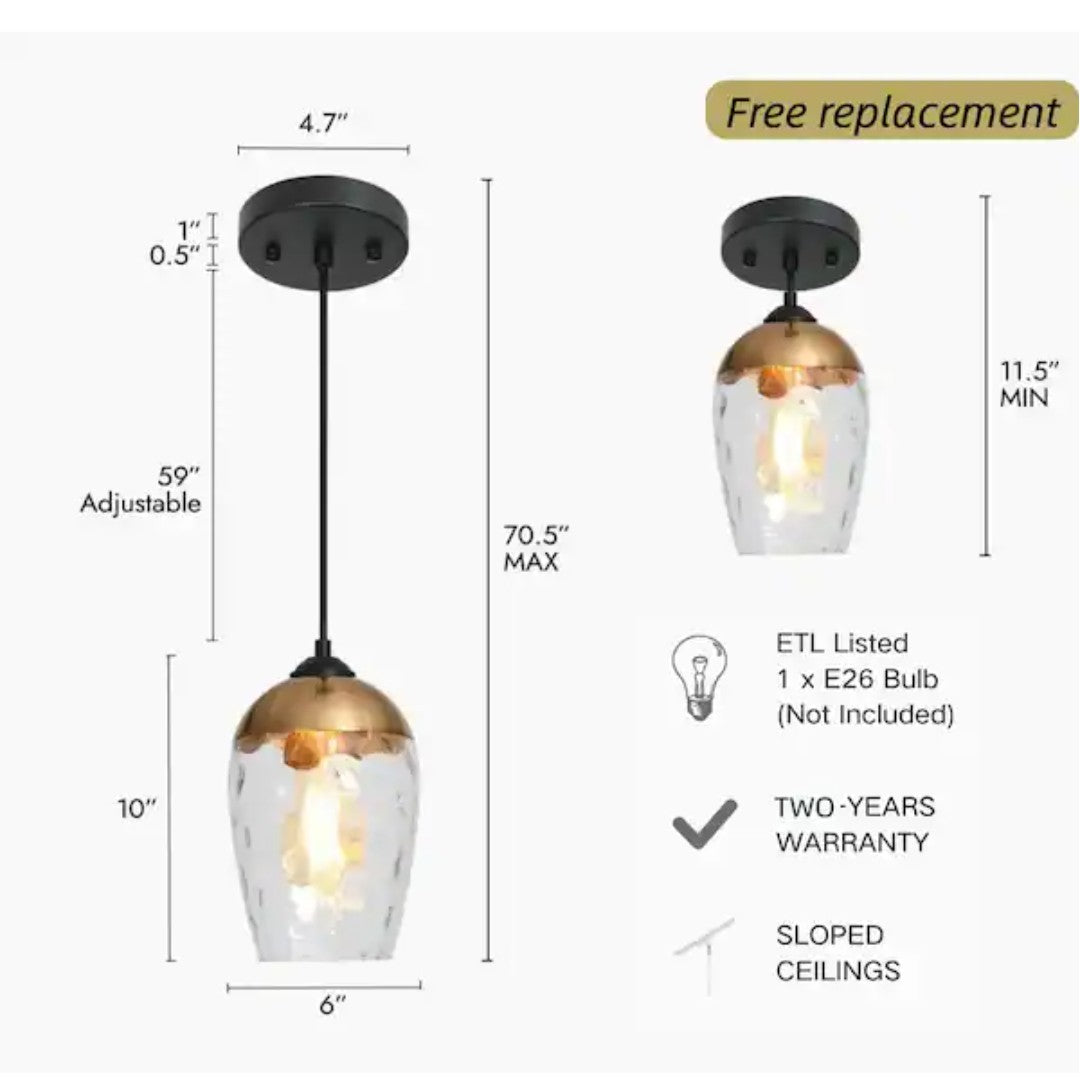 Zevni Brass Pendant Light, Water Glass, Black Modern Farmhouse Chandelier 10A