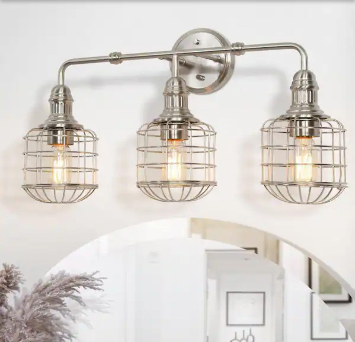3-Light Nickel Modern Industrial Cage Silver Linear Wall Sconce Vanity Light 19A