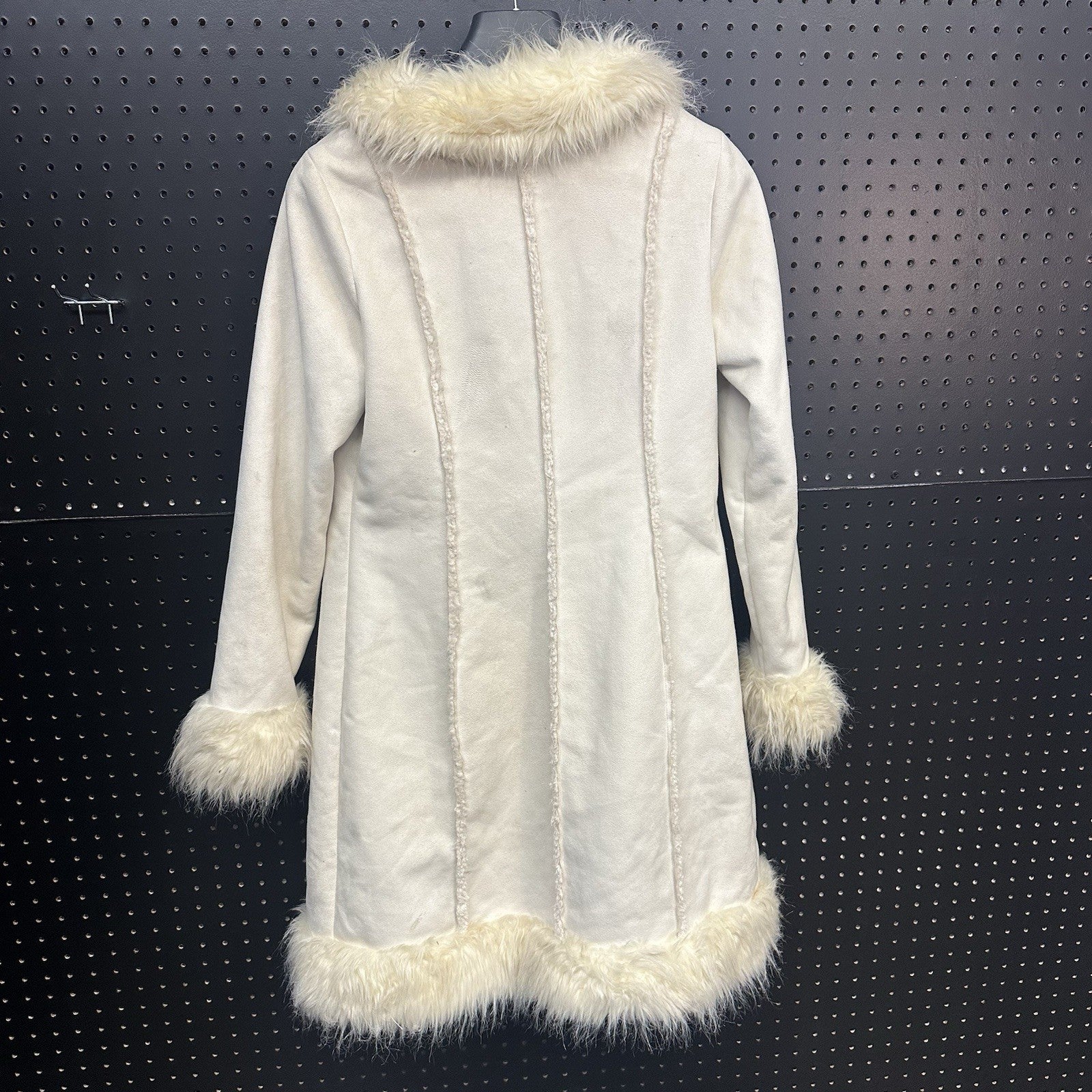 Women’s Vintage Guess Jeans Faux Suede Faux Fur Trim Coat Y2K Ivory/ Cream Glam