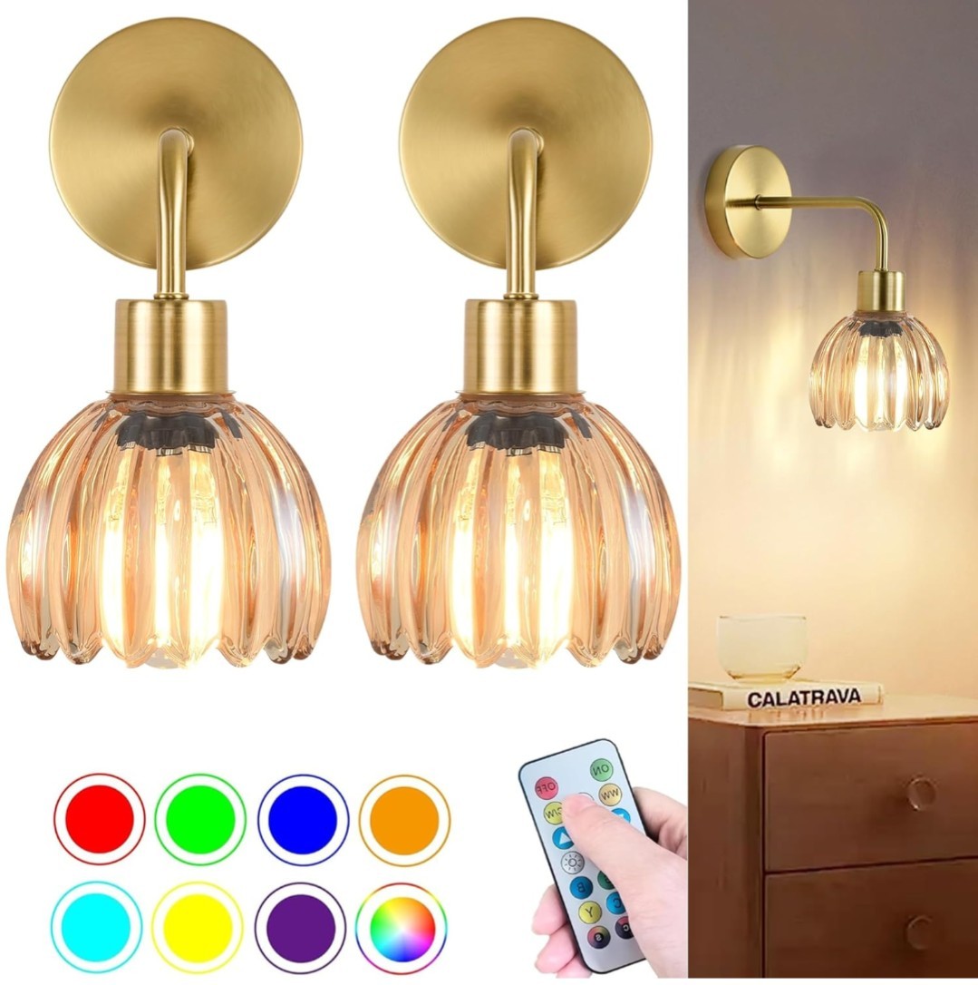 Vintage Battery Operated Wall Sconces Set of Two, Wireless Rechargeable 17C