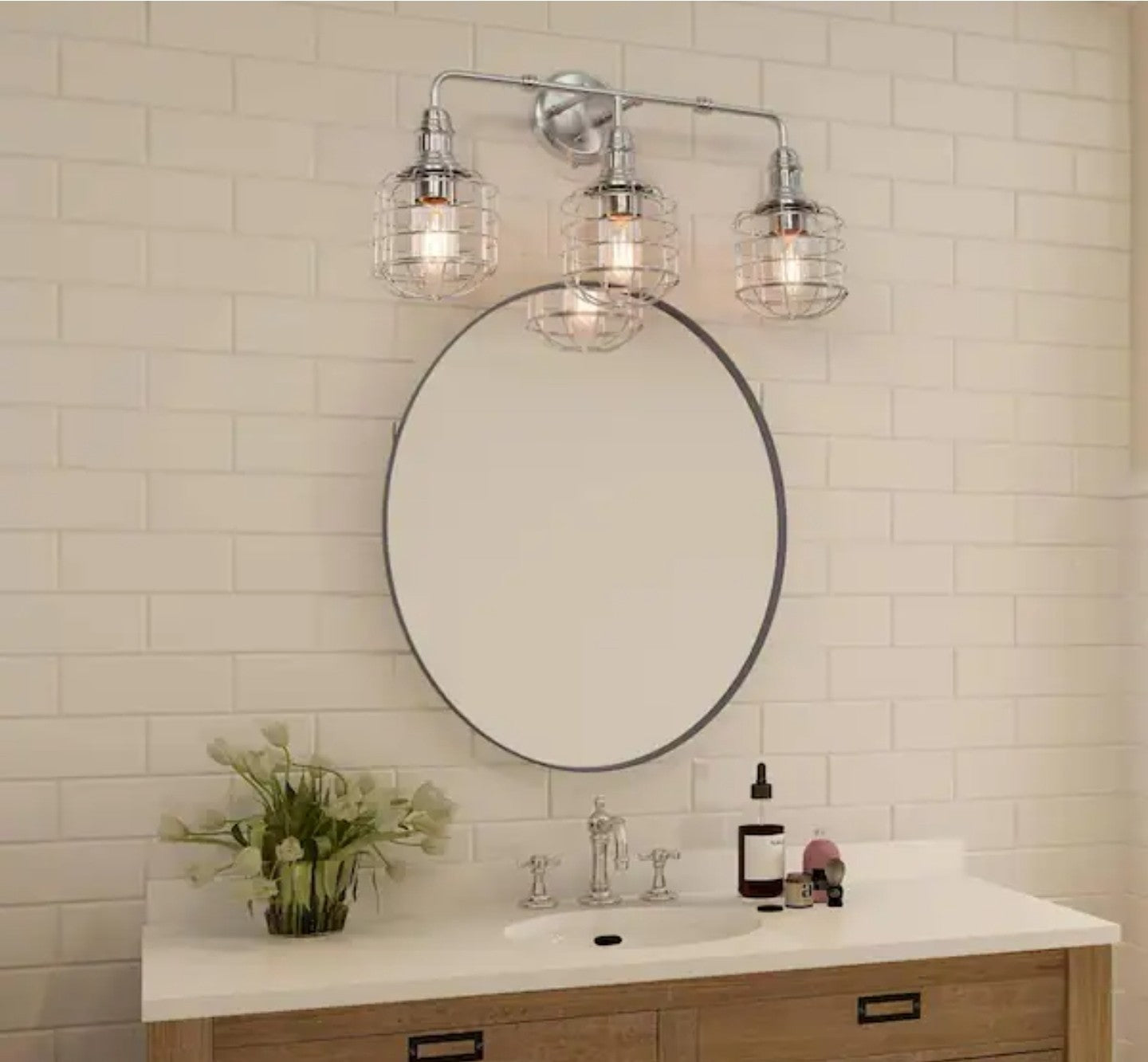 3-Light Nickel Modern Industrial Cage Silver Linear Wall Sconce Vanity Light 19A