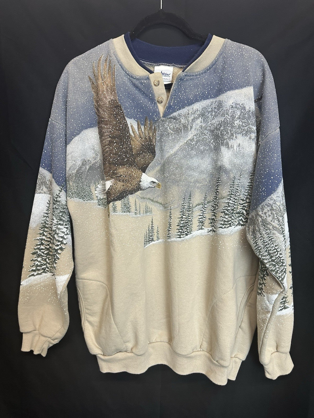 Vintage 90's Bald Eagle Nature Animal Art Henley Sweatshirt XL Made in USA (2)