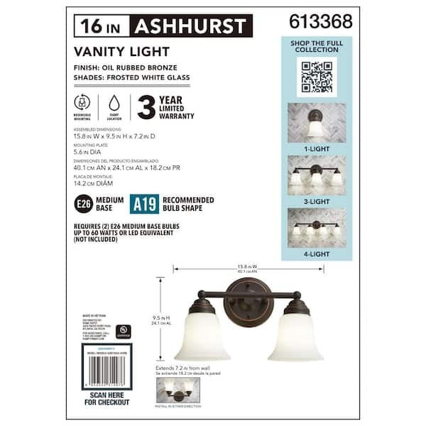 Hampton Bay Ashhurst 2-Light Oil Rubbed Bronze Vanity Light, Frosted Glass 3B