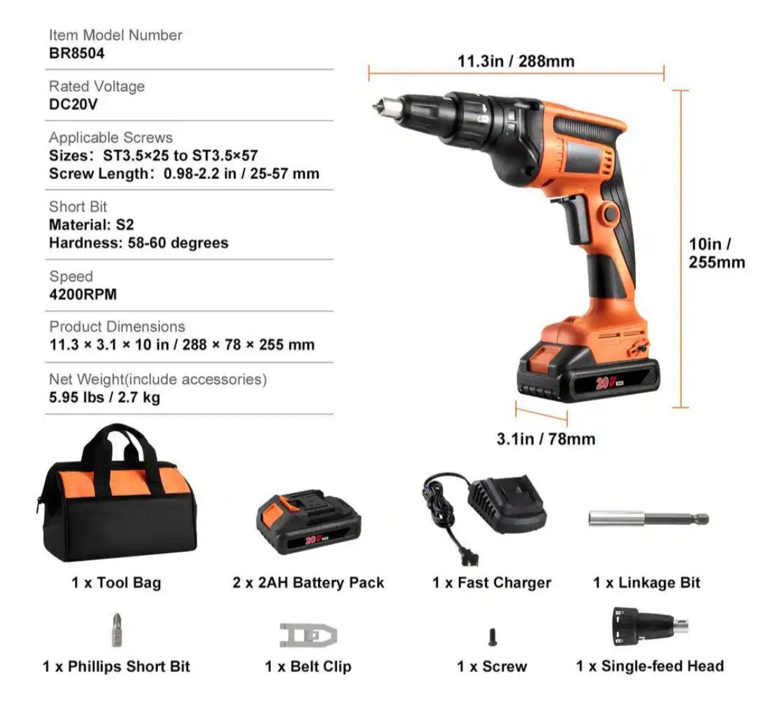 VEVOR Drywall Screw Gun 20V Drywall Screwgun Kit 4200RPM Brushless Cordless 1D