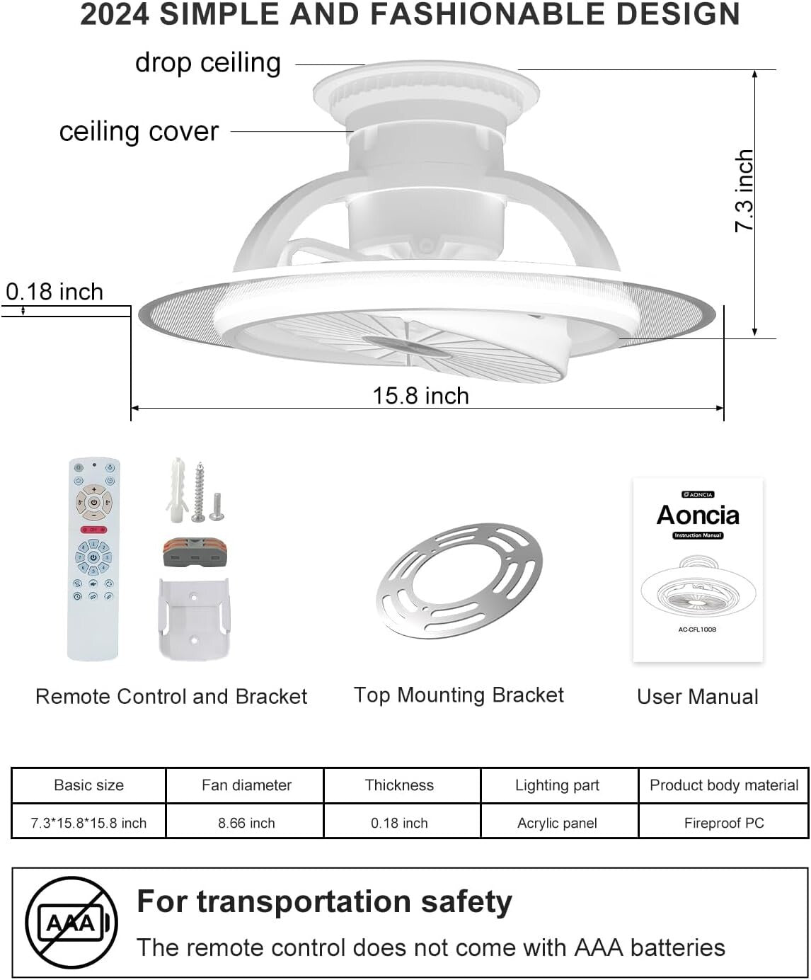 AONCIA 16" Ceiling Fan w/ Light & Remote, 8-Speed, Dimmable, Bladeless LED