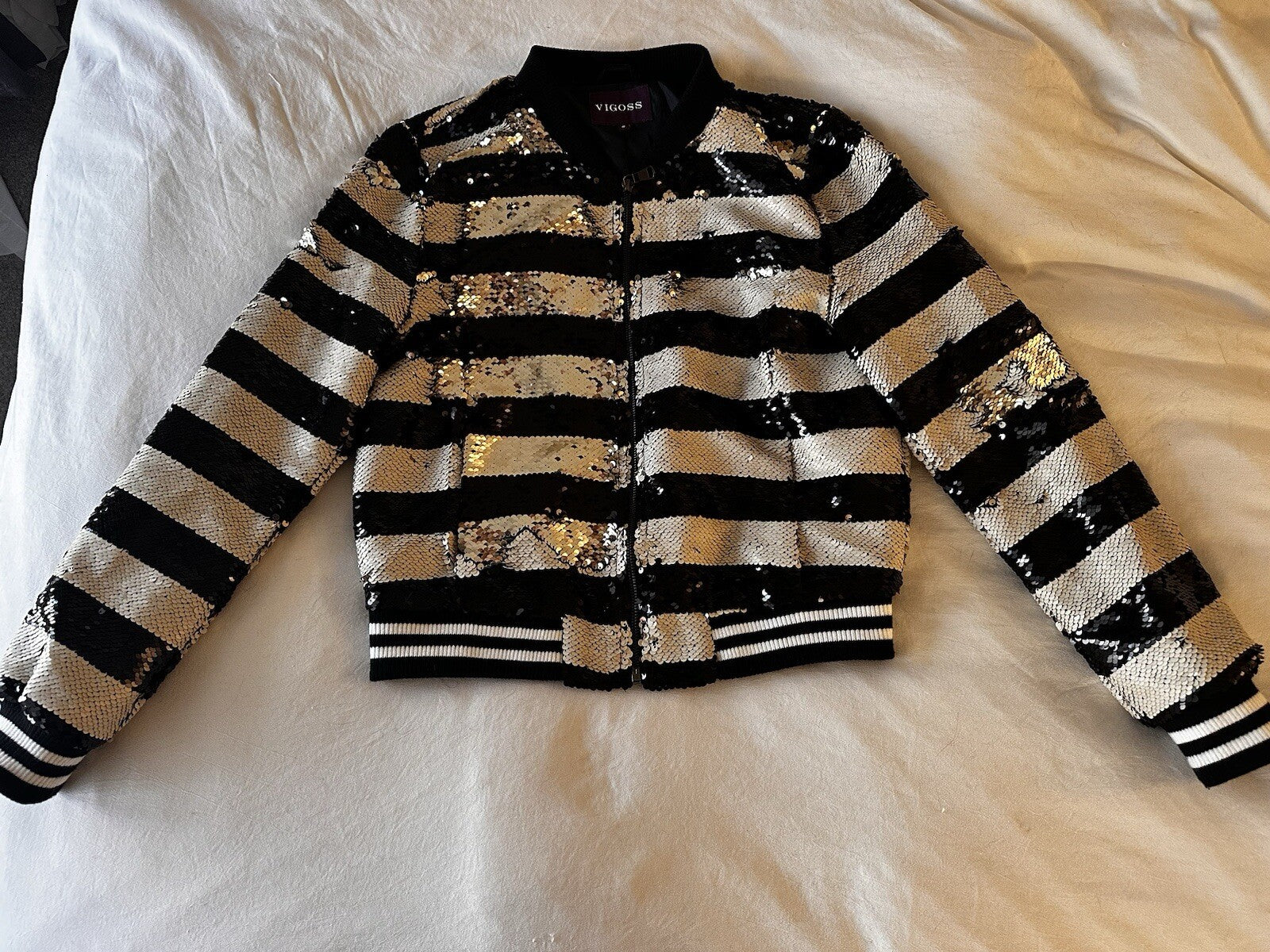 Vigoss Striped Sequence Jacket Bomber Black And White Size Small Beetlejuice
