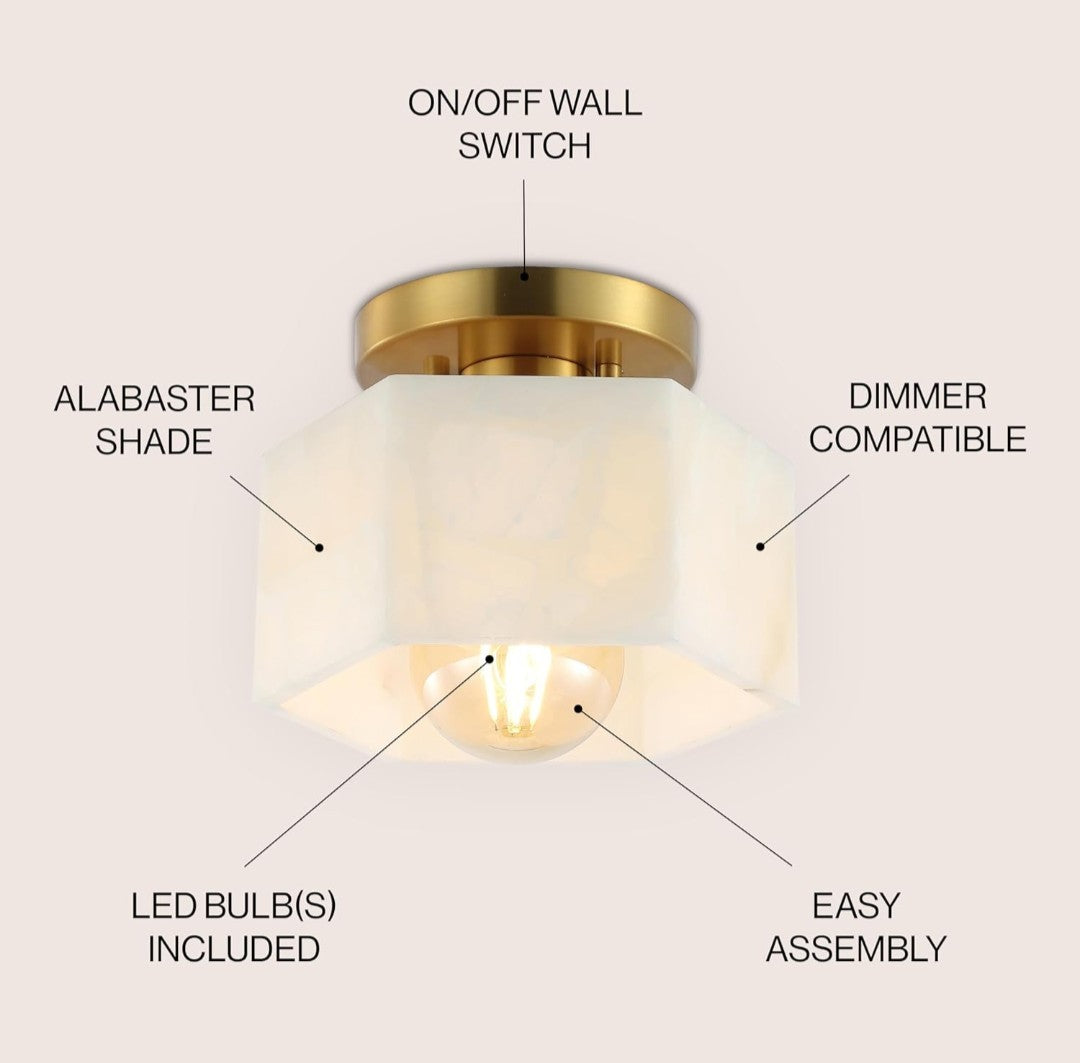 JONATHAN Y JYL1204A Tessa 8" 1-Light Alabaster/Iron Hexagonal LED Semi Flush 1B