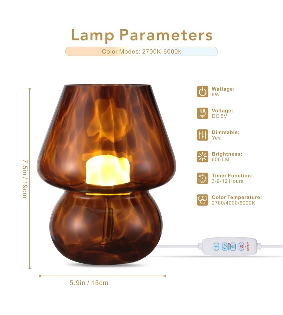 USB Plug-in Mushroom Lamp with 3 Colors LED Bulb for Bedroom Nightstand 12E