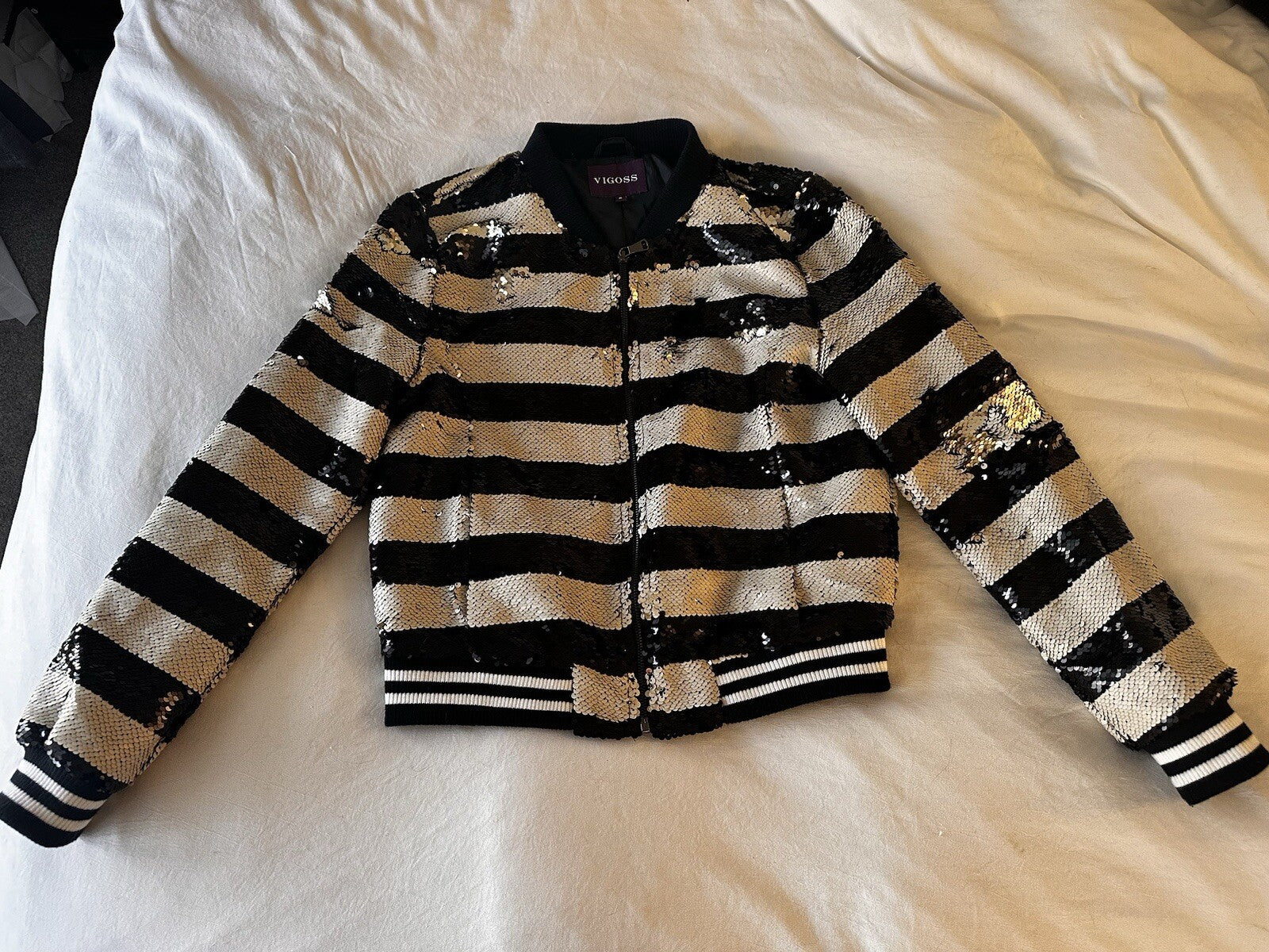 Vigoss Striped Sequence Jacket Bomber Black And White Size Small Beetlejuice