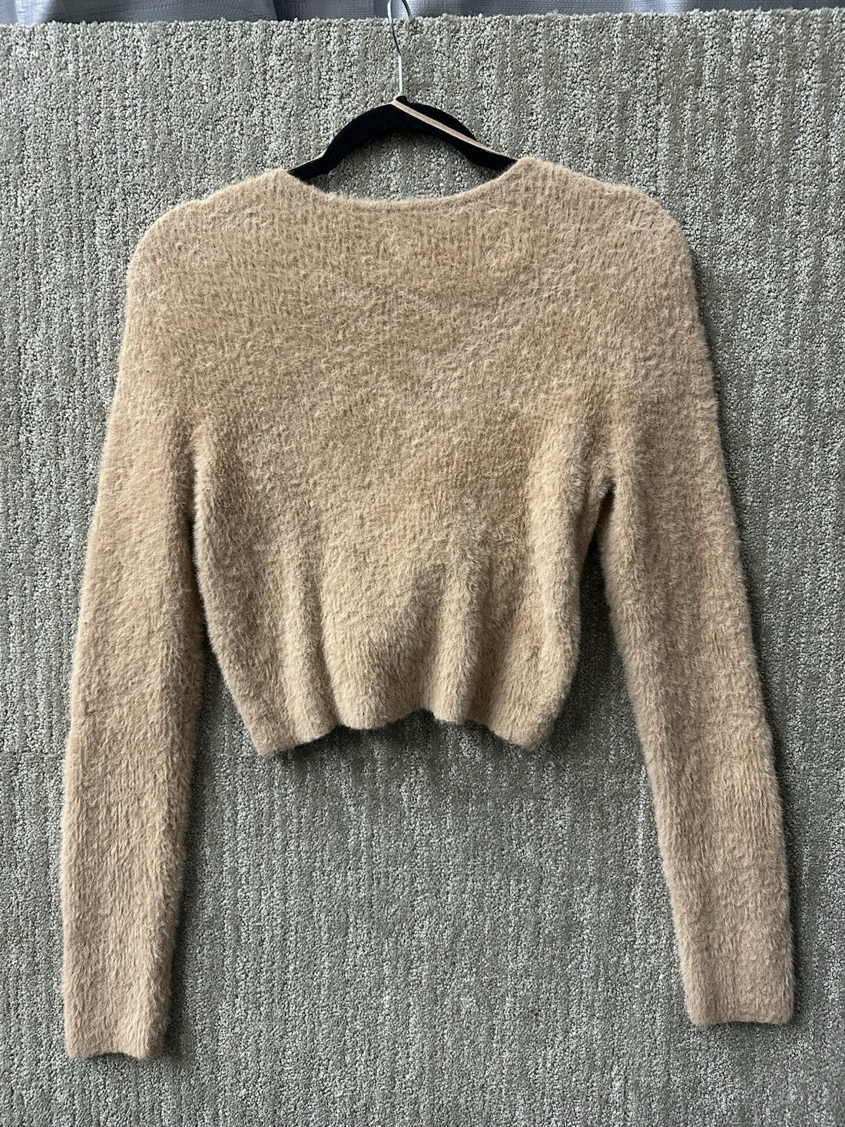 Aerie Women's Twist Cross Front Fuzzy Brown Cropped Sweater Size Large Soft 0069