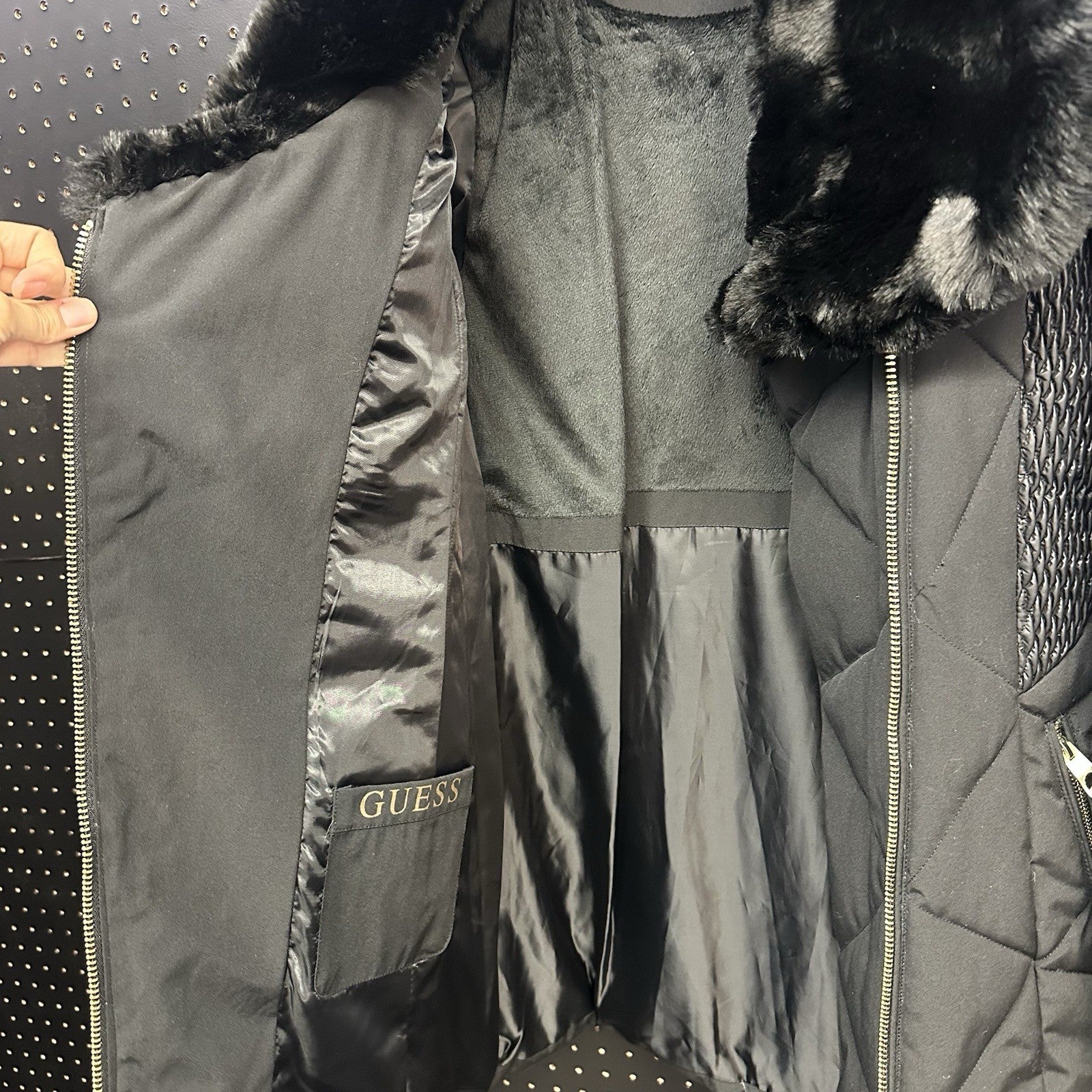 Guess Faux Fur Collar Long Quilted Winter Puffer Jacket Coat Size Small