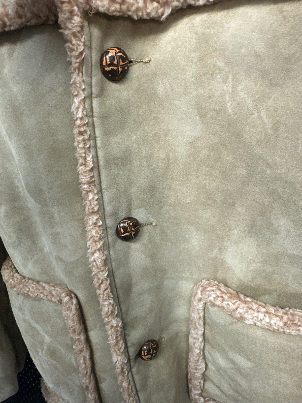 Vintage unisex 70s Faux Suede Coat Jacket Brown Sherpa Lined Buttons Pockets 42