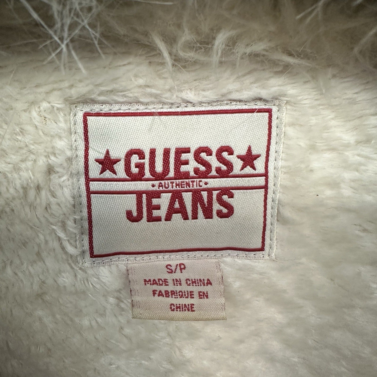 Women’s Vintage Guess Jeans Faux Suede Faux Fur Trim Coat Y2K Ivory/ Cream Glam