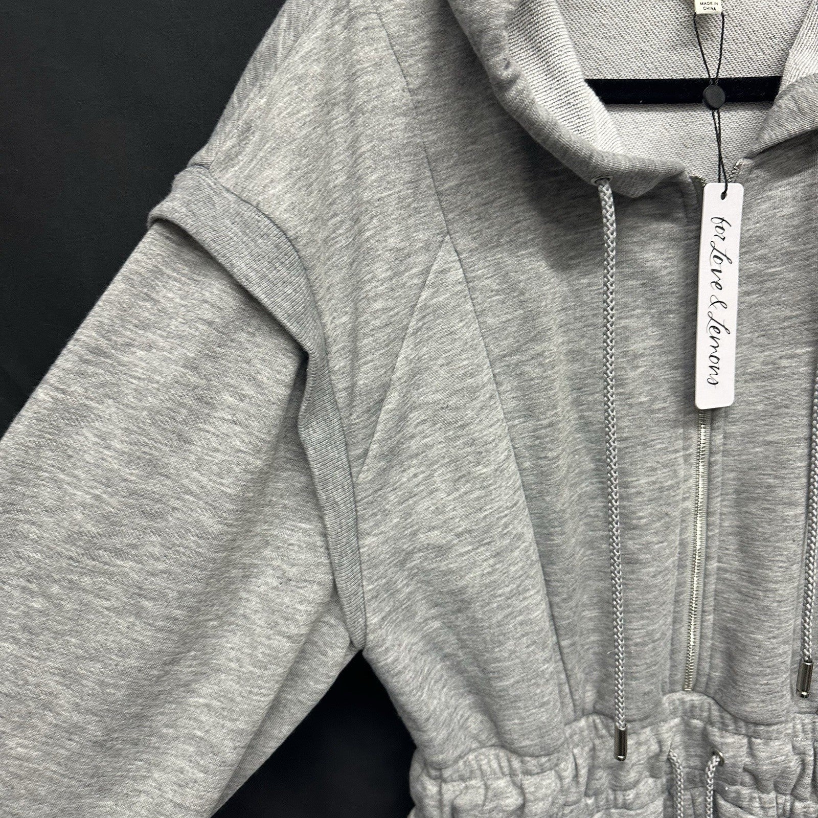 For Love & Lemons Small Gray Jumpsuit Shorts Long Sleeve Pockets Hoodie Zip 0083