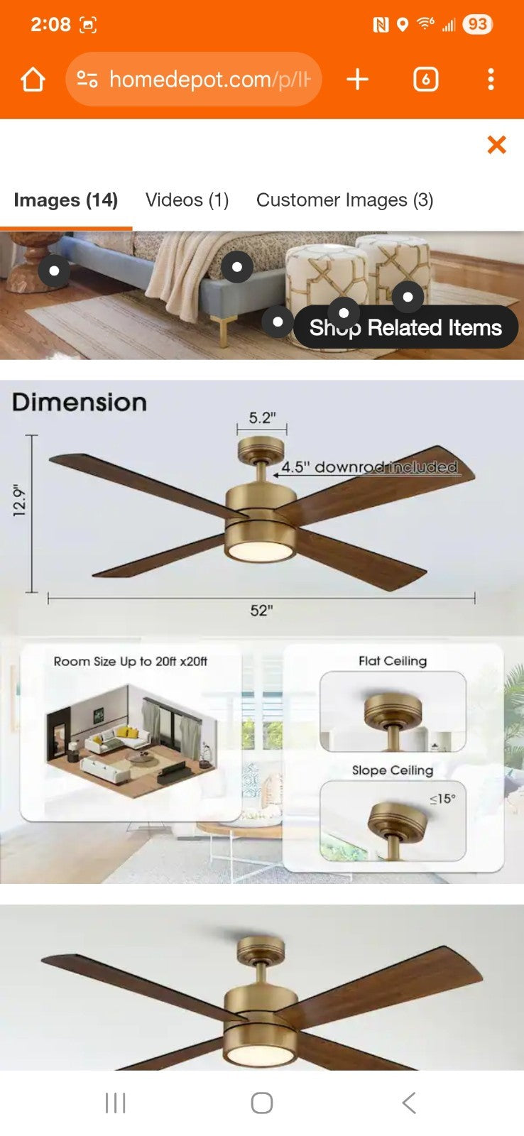 IHOMEadore 52" LED Indoor Natural Brass Ceiling Fan with Light & Remote 19A