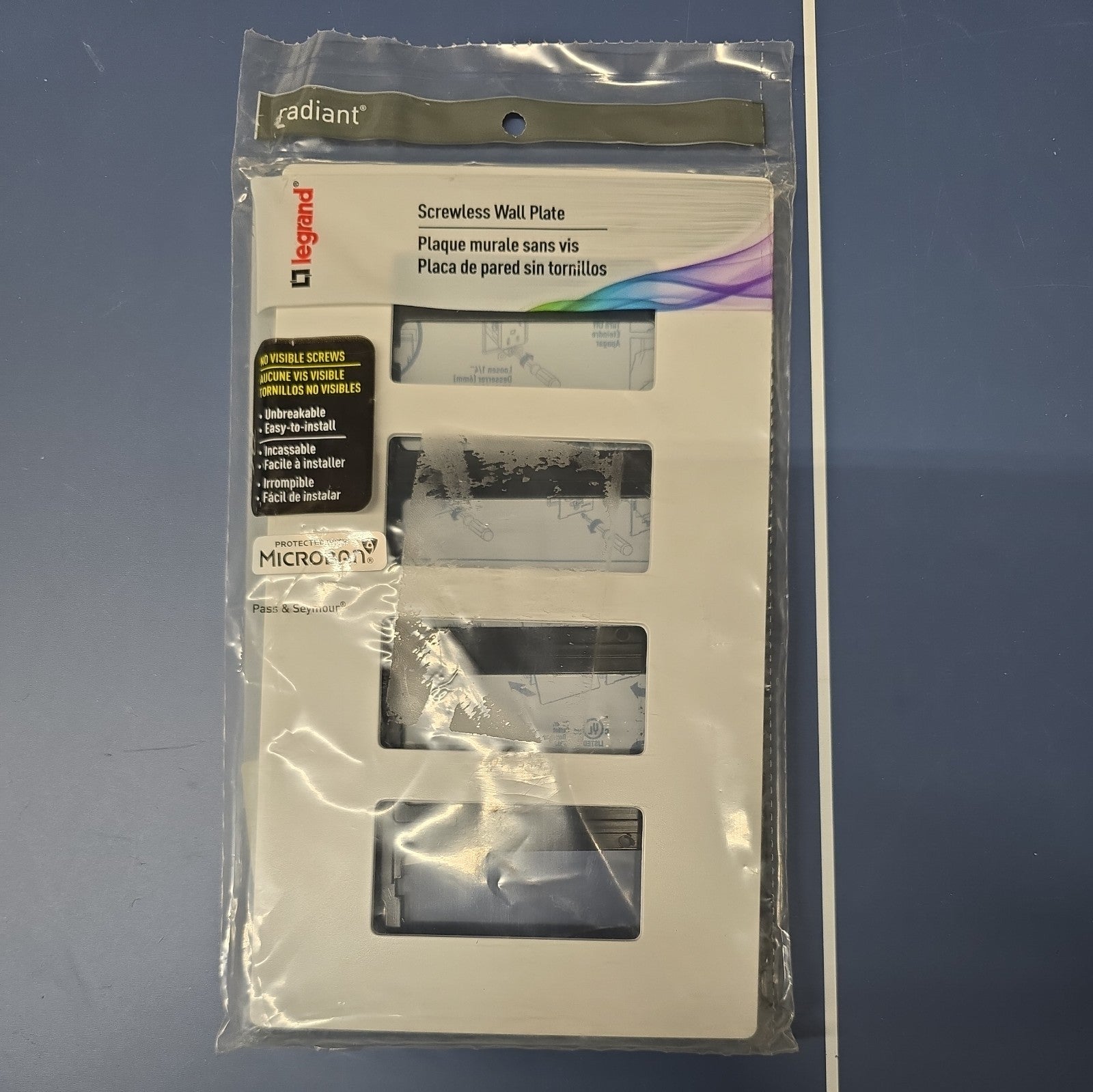 Radiant 4-Gang Decorator Rocker Screwless Wall Plate with Microban White 6C