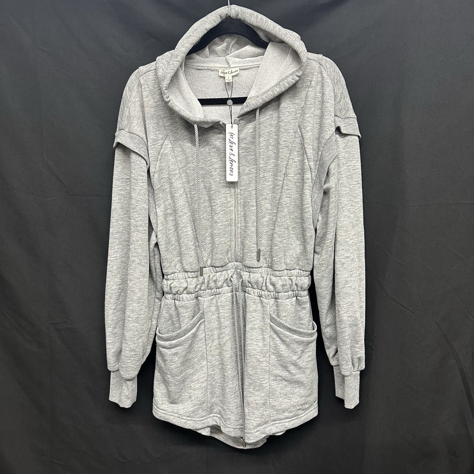 For Love & Lemons Small Gray Jumpsuit Shorts Long Sleeve Pockets Hoodie Zip 0083