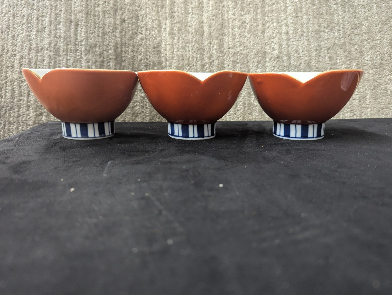 Set Of 3 Lotus Footed Rice Bowls Asian Japan Orange Blue Gold Scalloped Rim 4E