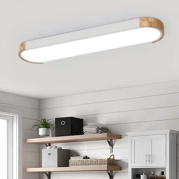 HUOKU Lumin 38 in. W 1-Light Black+Wood Integrated LED Flush Mount Ceiling Light