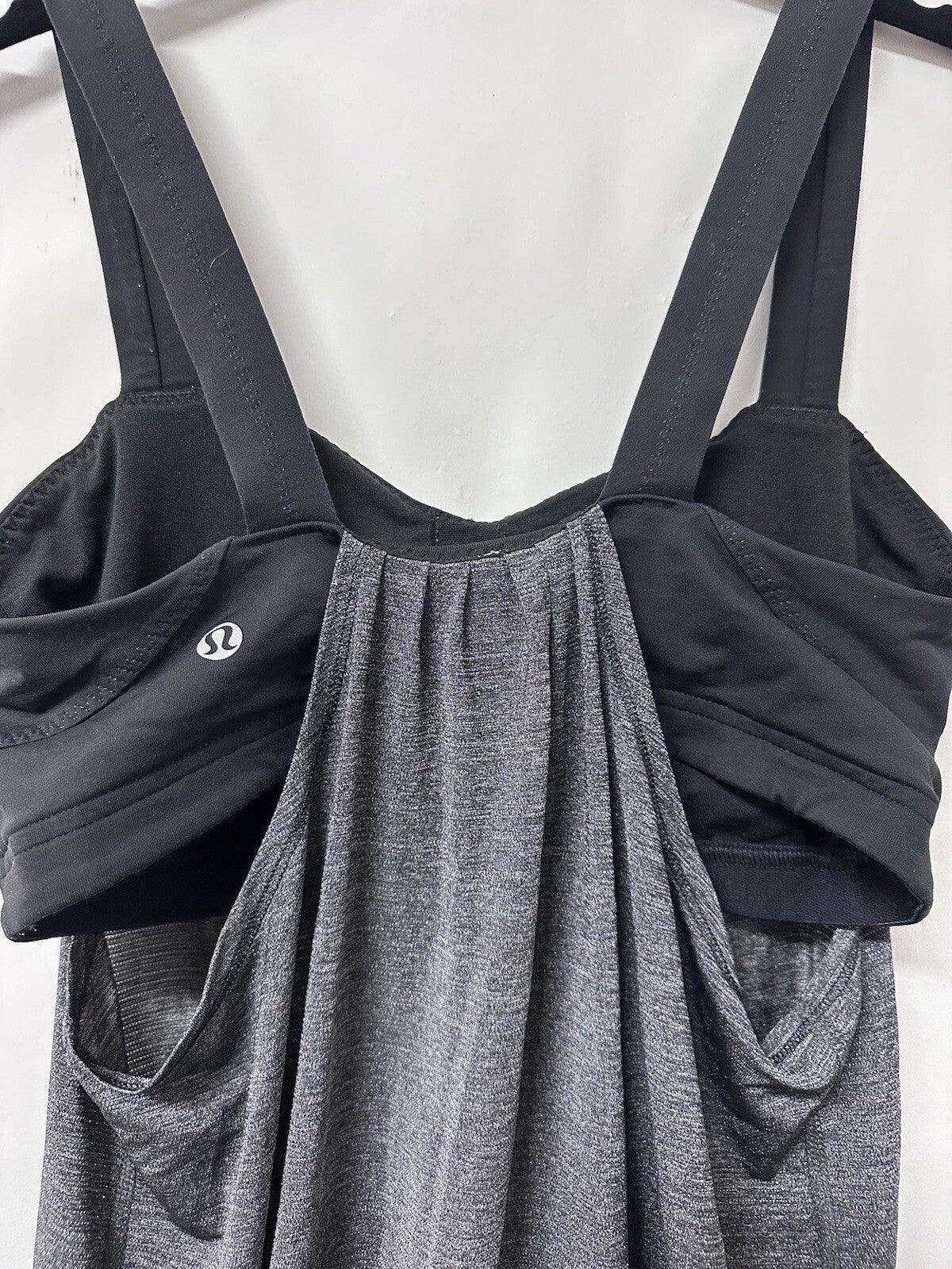 Lululemon No Limits Tank Built in Bra Layered Top Gray Black Cinch Hem Size 6