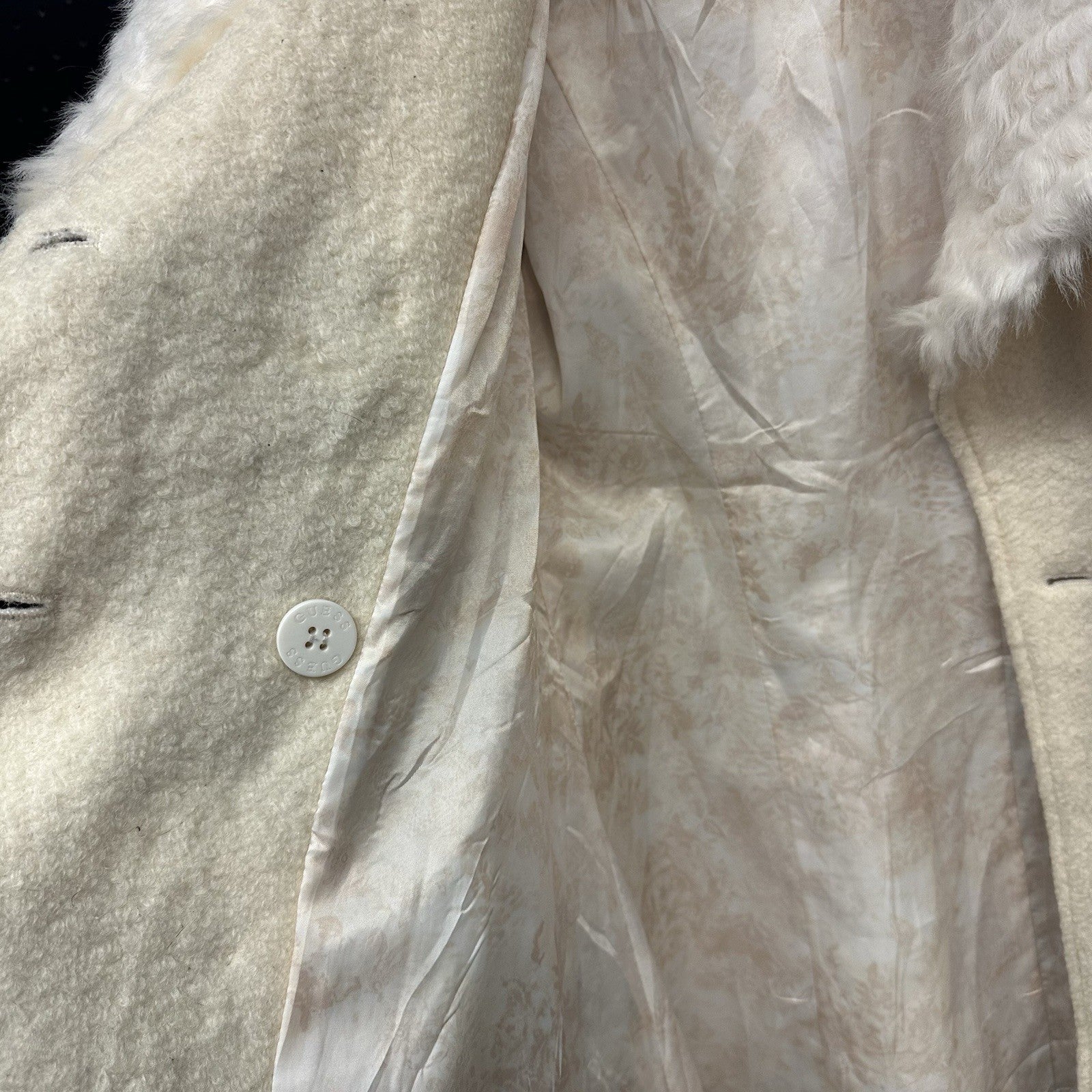 Women’s Small Guess Winter Cream Peacoat Faux Fur Shawl Collar Double Breasted