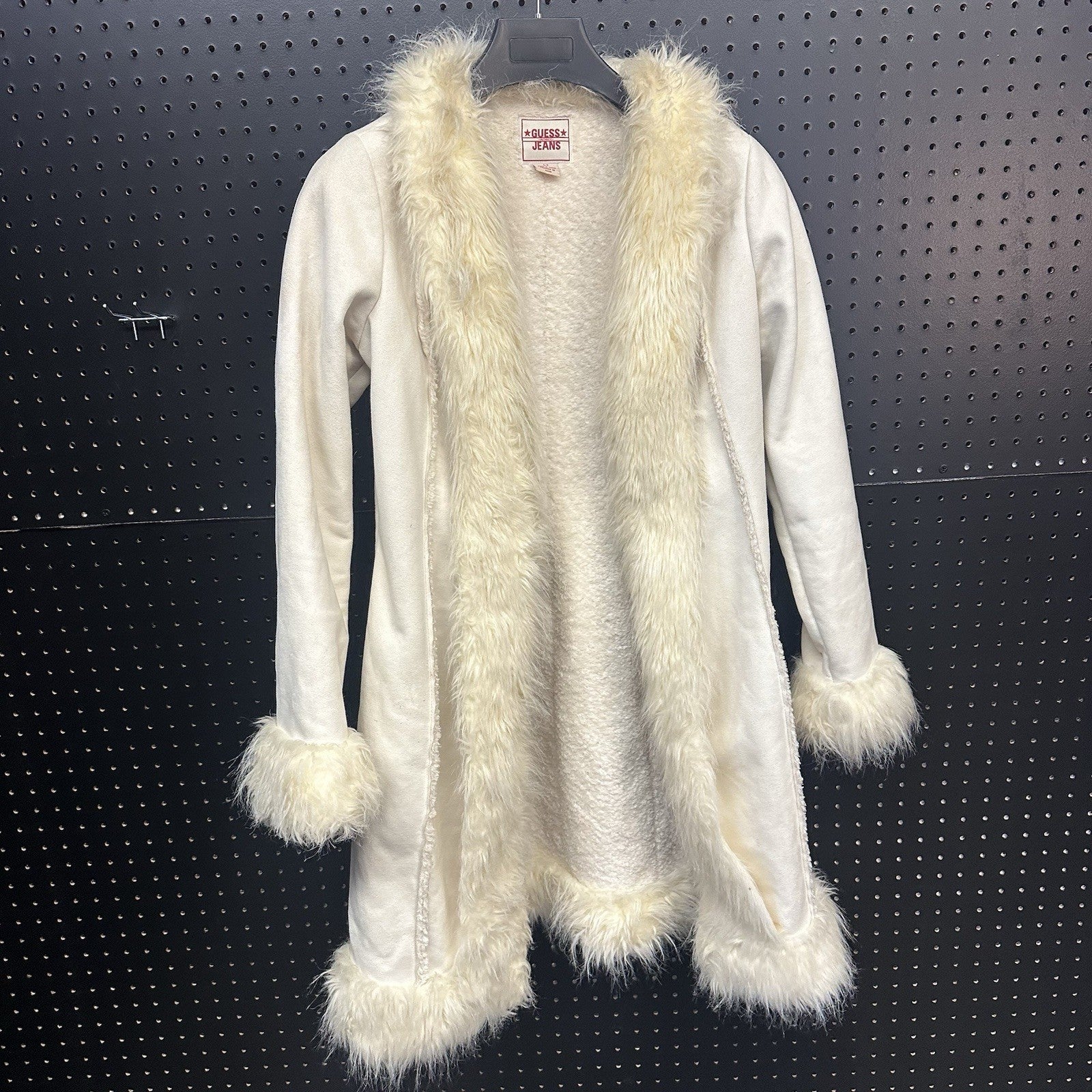 Women’s Vintage Guess Jeans Faux Suede Faux Fur Trim Coat Y2K Ivory/ Cream Glam