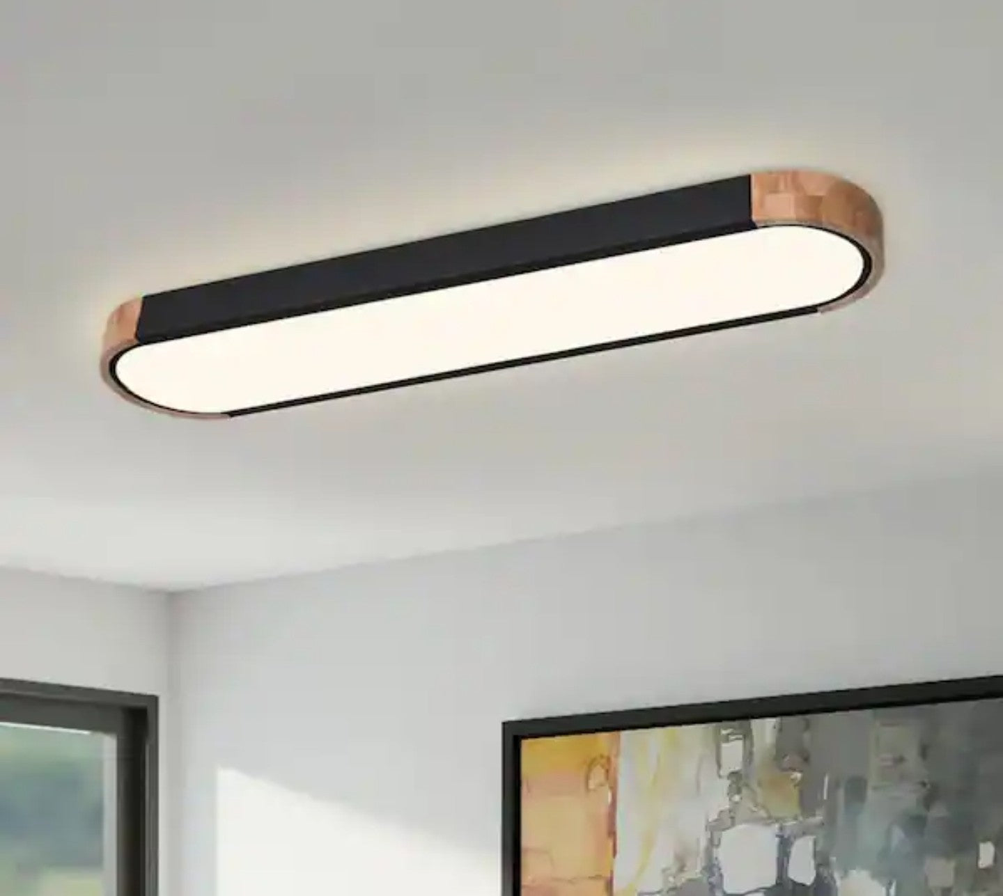 HUOKU Lumin 38" Black/Wood LED Flush Mount Minimalist Long Oval Ceiling Light 1E