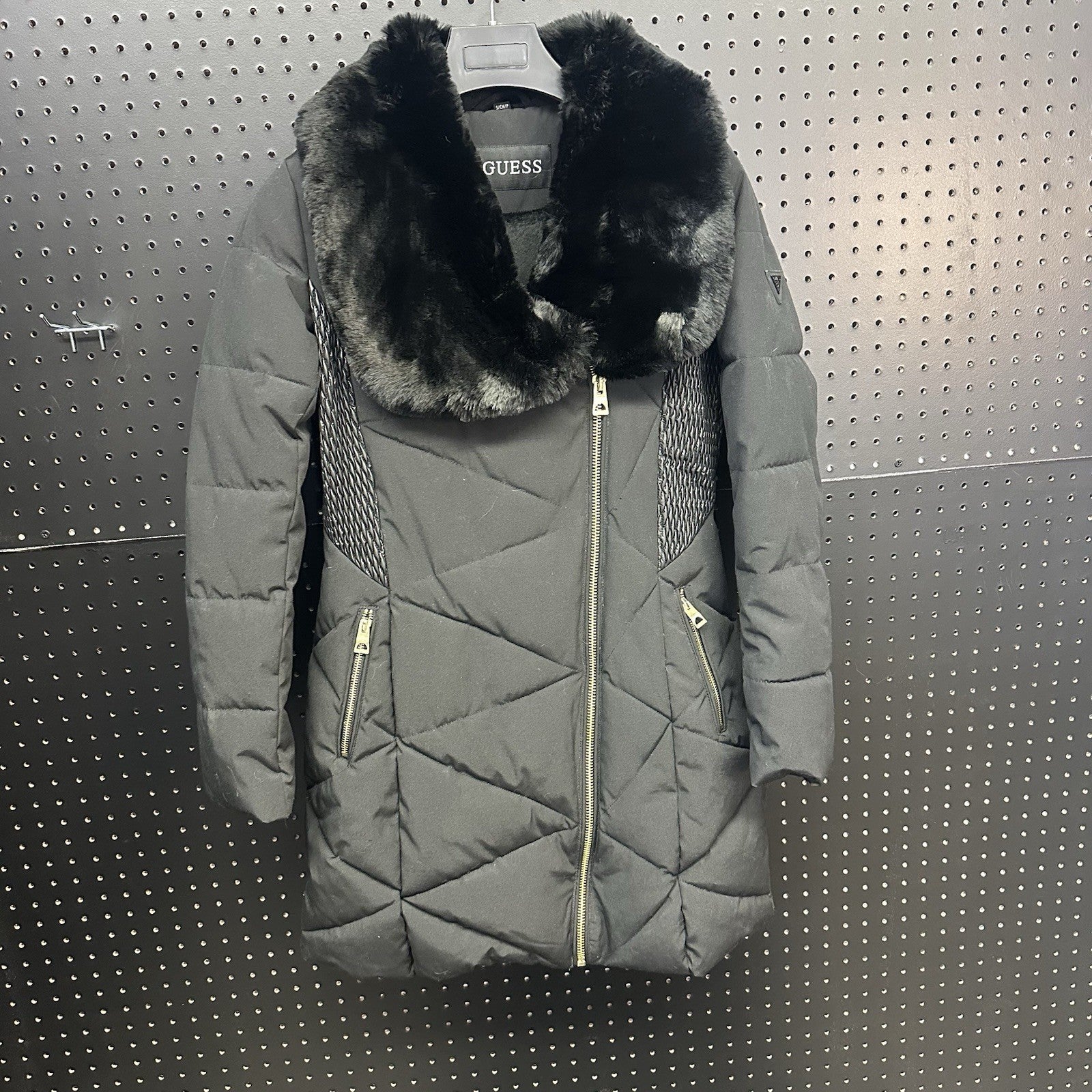 Guess Faux Fur Collar Long Quilted Winter Puffer Jacket Coat Size Small
