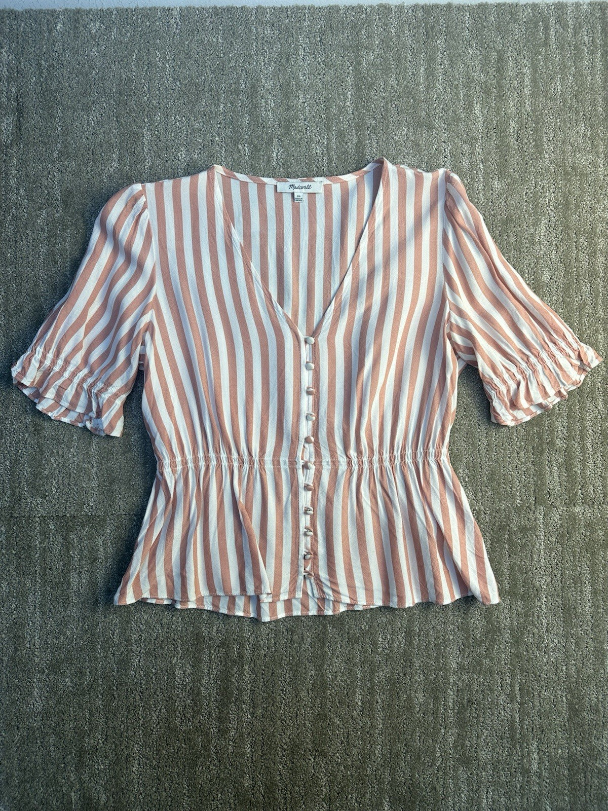 Madewell Top Blouse Pin Striped Button Up Short Sleeve Pink White Ruffled Sz XS