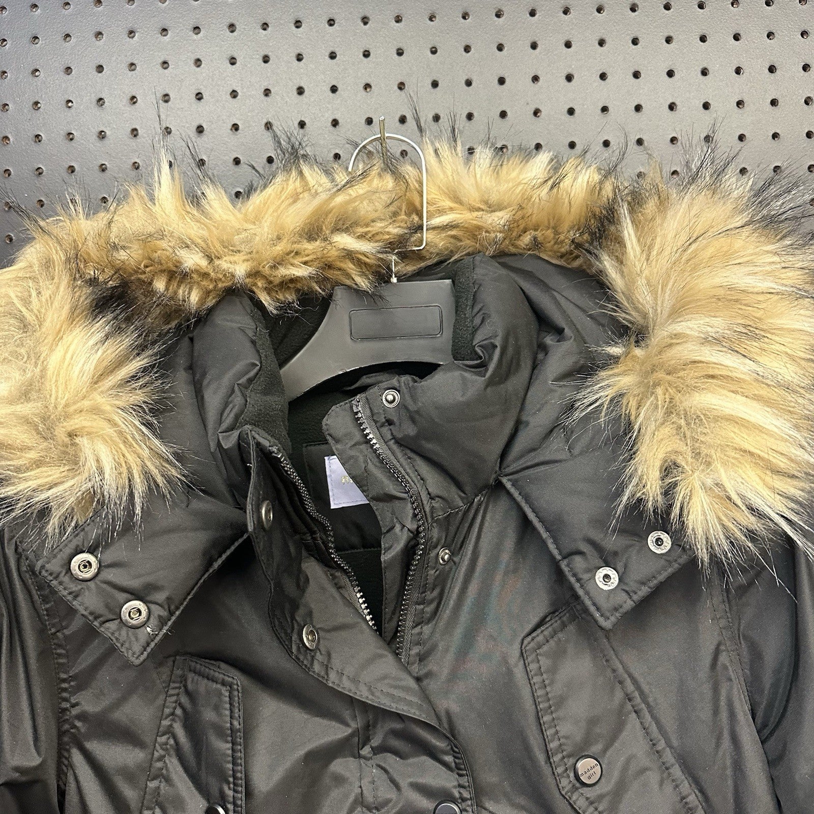 Juniors' Madden Girl Faux Fur Hood Parka Jacket Size Large Black