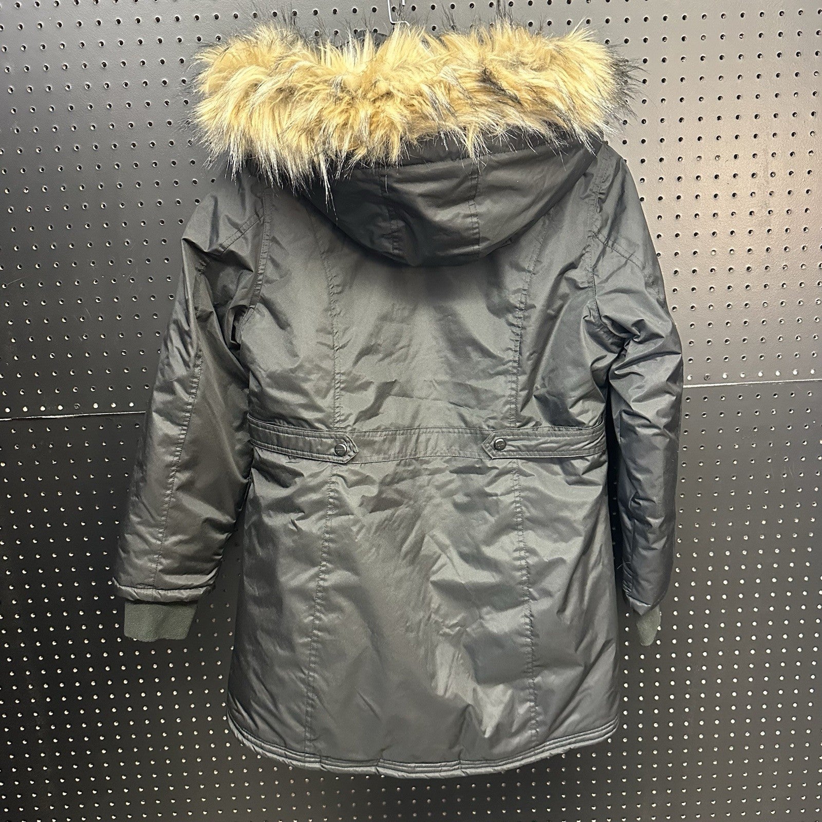Juniors' Madden Girl Faux Fur Hood Parka Jacket Size Large Black