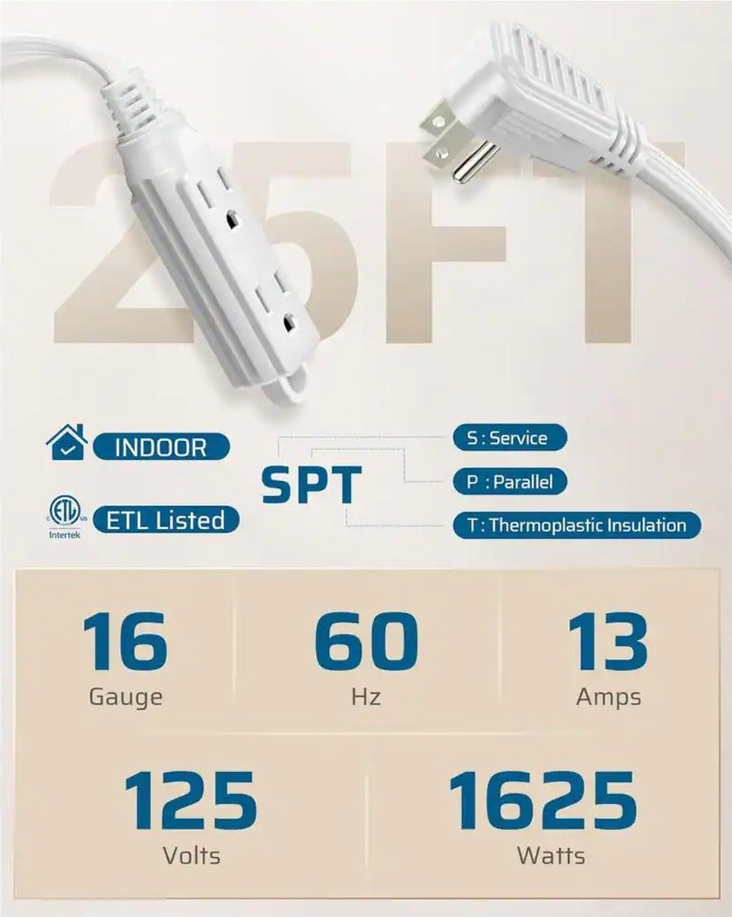 25 ft. 16/3 AWG Indoor Extension Cord with 3-Prong 3 Outlets and SPT-3 Cord 19D