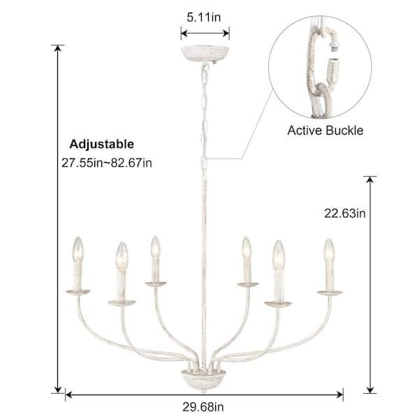 6-Light Distressed White Vintage Candle Chandelier Light 19A