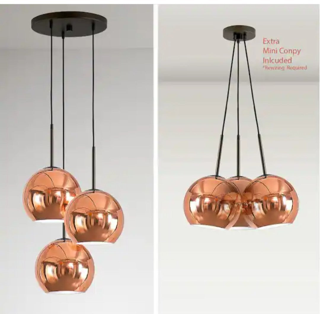 Metro 3-Lights Dark Bronze Globe Pendant Light Polished Copper Metal Shades 17A
