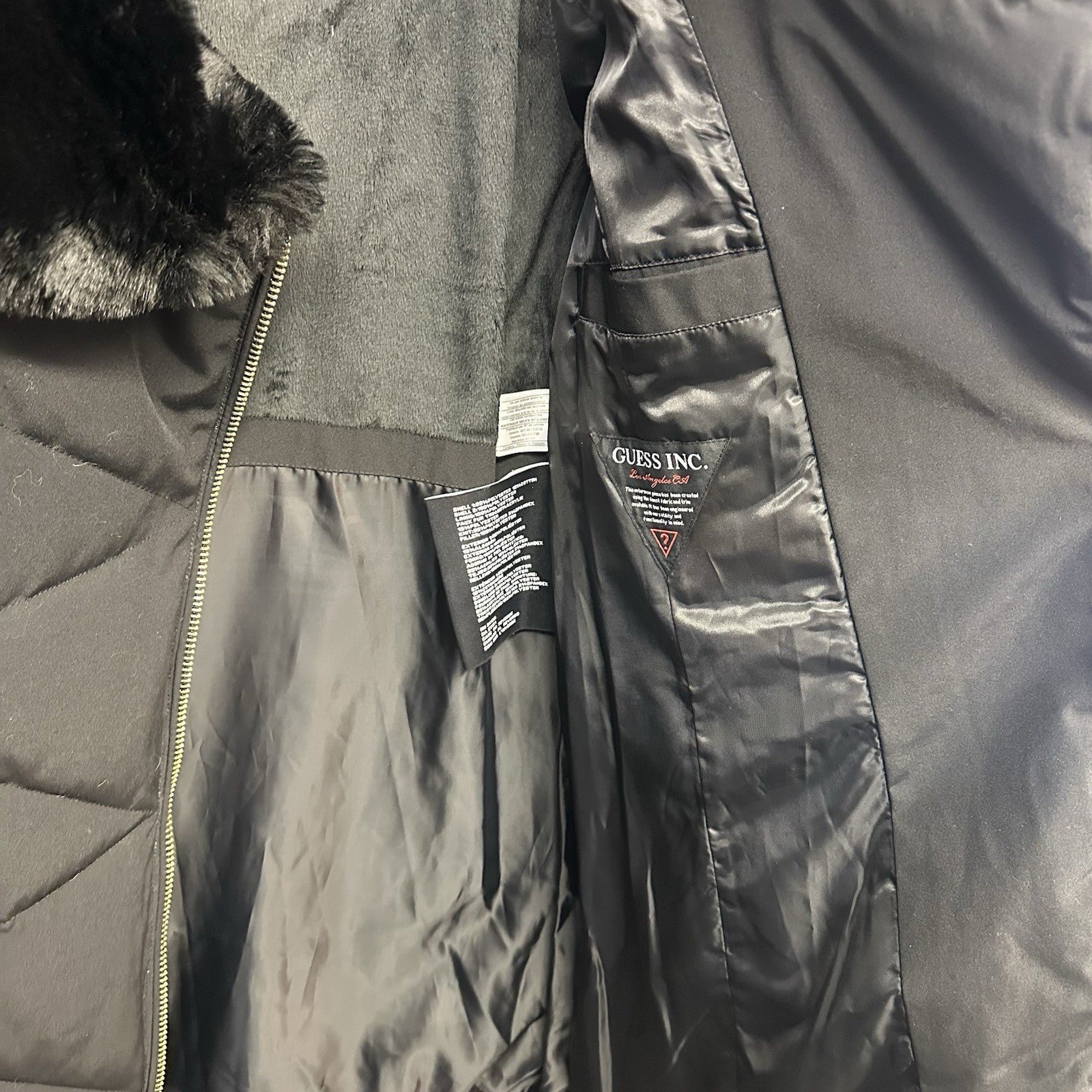 Guess Faux Fur Collar Long Quilted Winter Puffer Jacket Coat Size Small