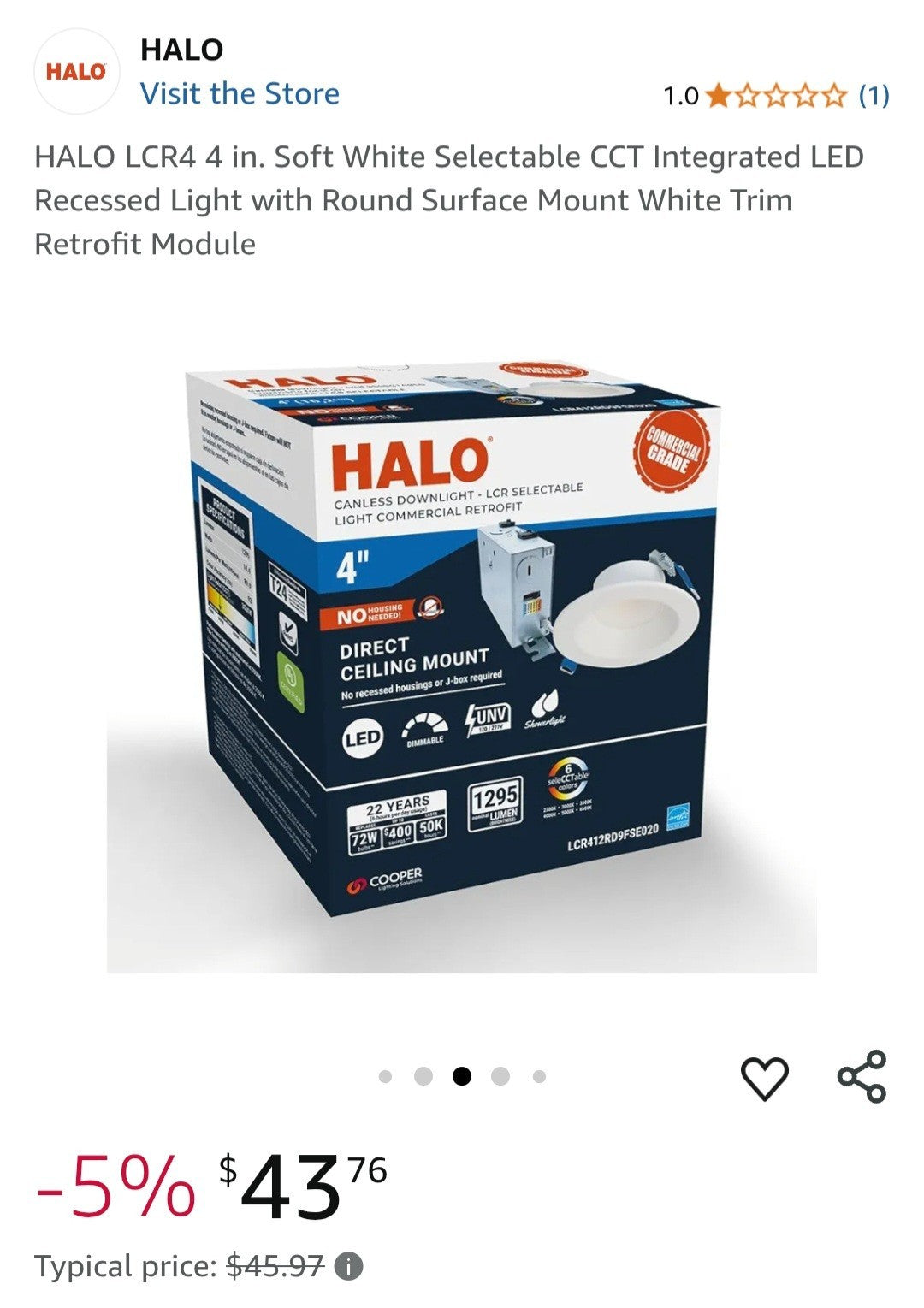 HALO Direct Mount - LCR Selectable Light Commercial Retrofit 1264 Lumens 5A