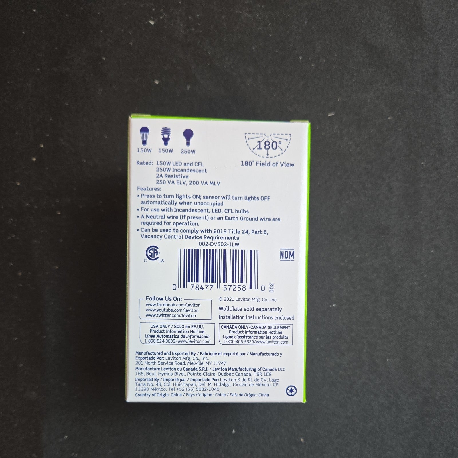 Leviton DVS02-1LW Decora VacancyMotion Sensor InWall Switch, Manual-On Vacncy 6D