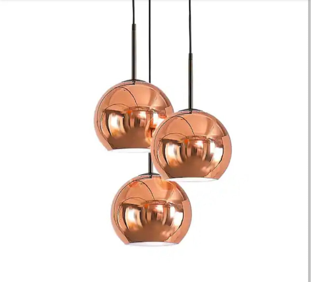 Metro 3-Lights Dark Bronze Globe Pendant Light Polished Copper Metal Shades 17A