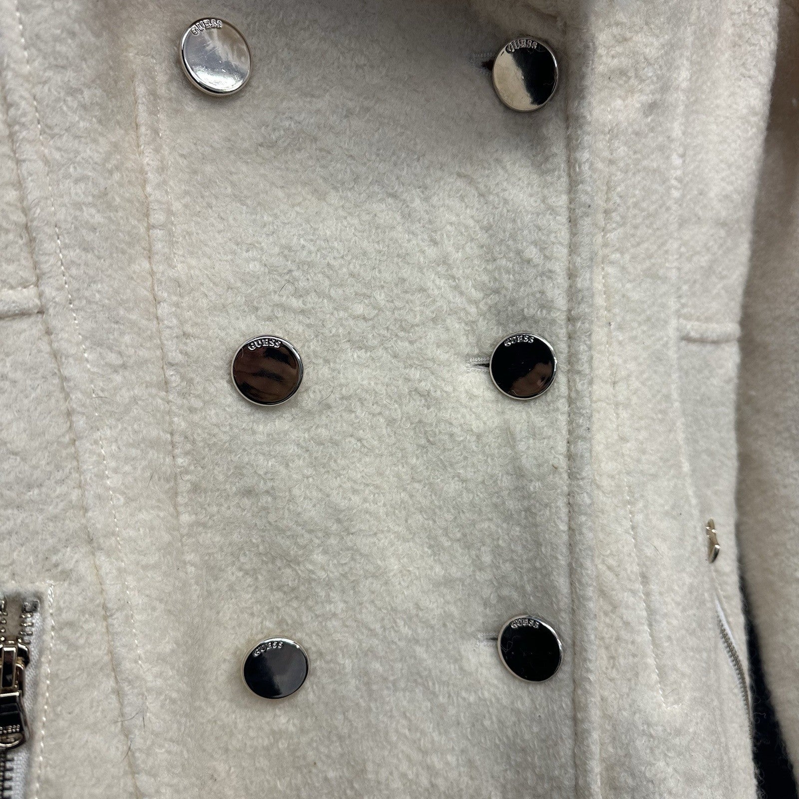 Women’s Small Guess Winter Cream Peacoat Faux Fur Shawl Collar Double Breasted