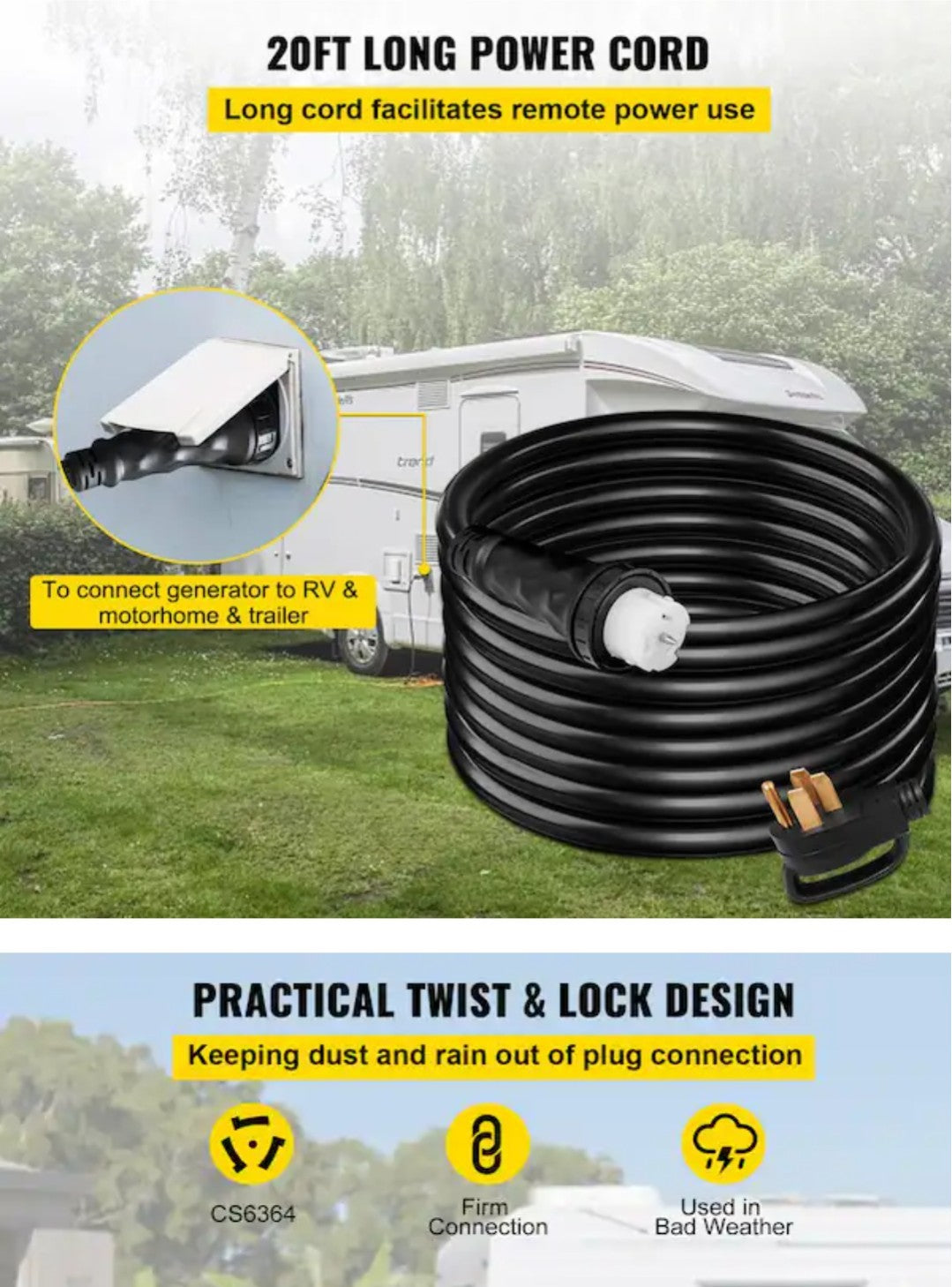 VEVOR 25' 50A 250V Generator Power Cord 14-50P to CS6364 Locking Connector 15C