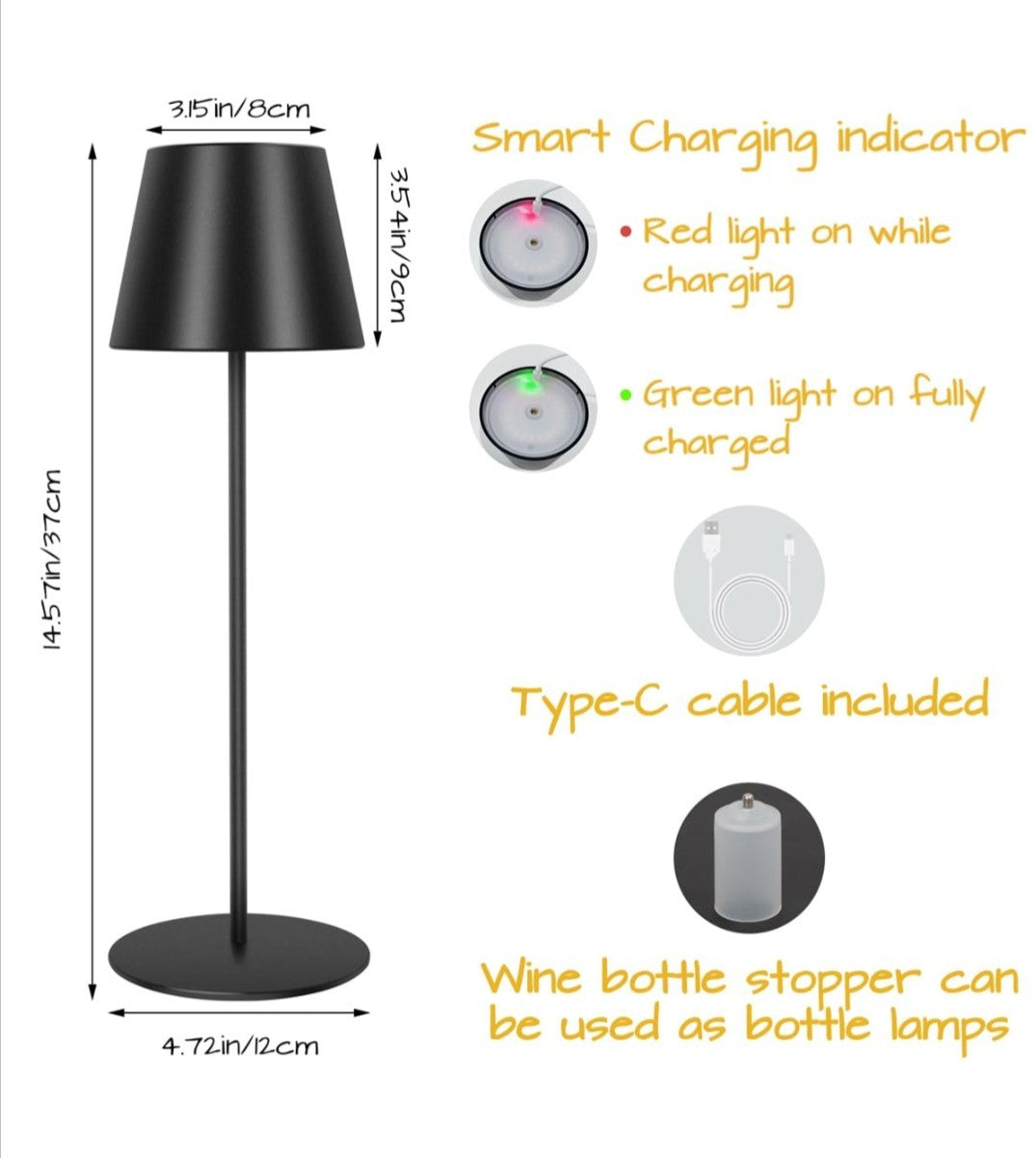 2-Pack sunzone Cordless Table Lamp Rechargeable Black 4000mAh Battery LED RGB 5C