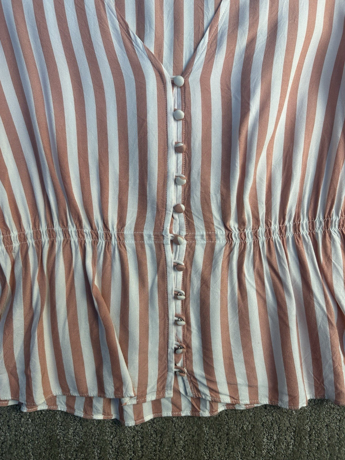 Madewell Top Blouse Pin Striped Button Up Short Sleeve Pink White Ruffled Sz XS
