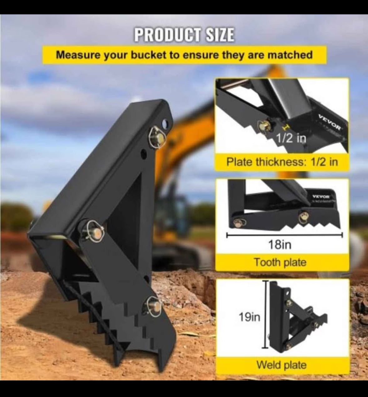18" Backhoe Thumb, 1/2" Teeth Thickness Heavy Duty Excavator Thumb, Black Steel Weld On Thumb
