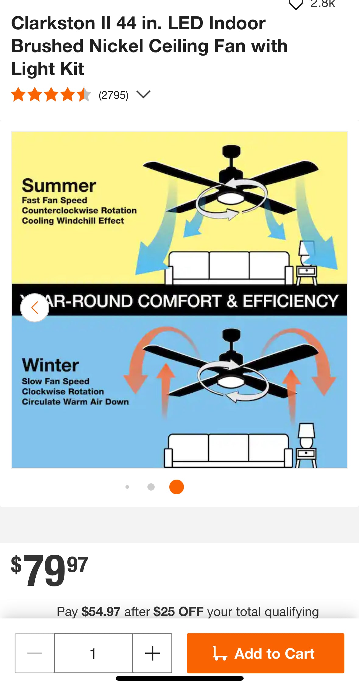 Clarkston II 44 in. LED Indoor Brushed Nickel Ceiling Fan with Light Kit