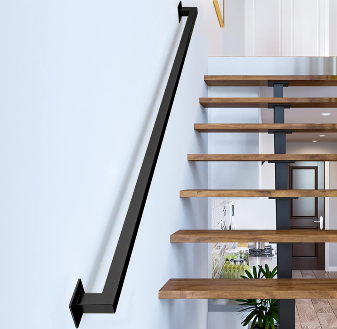 5FT Black Iron Hand Railing, Sturdy Safety Staircase Handrails Wall Mount, 500lbs Load Capacity Industrial Iron Railing